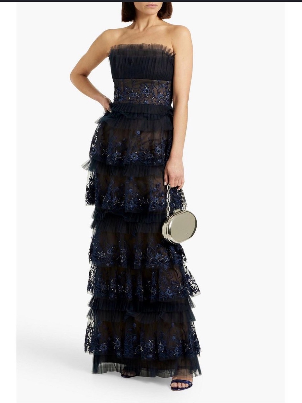 Marchesa Notte Navy Floral Appliqué Strapless Tulle Dress Gown